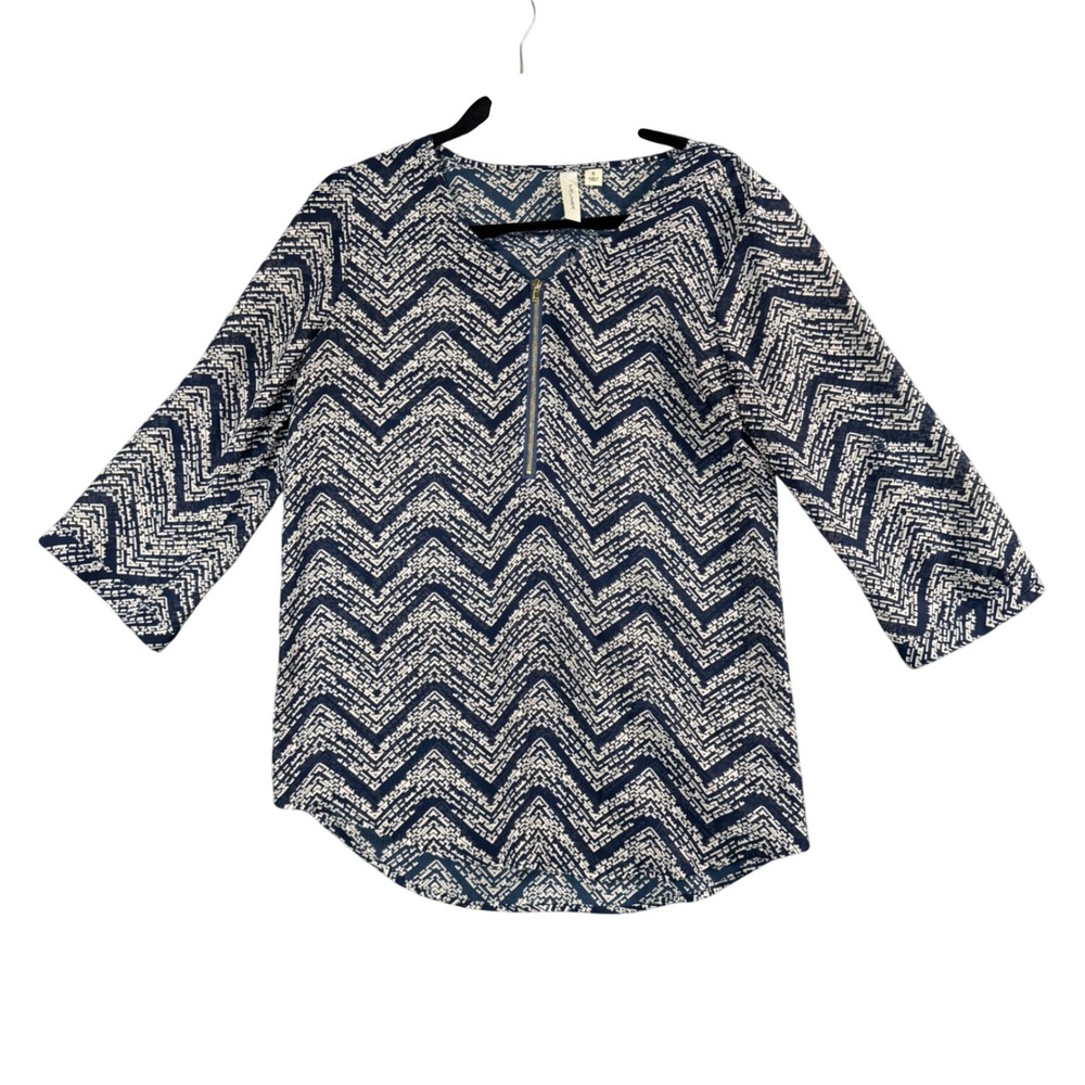 TACERA Navy Blue Geometric Zip Front‎ Blouse Preppy Workwear Women's S